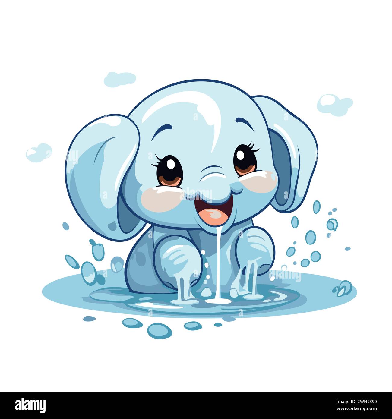 Carino elefante cartoni animati in una pozza d'acqua. Illustrazione vettoriale. Illustrazione Vettoriale