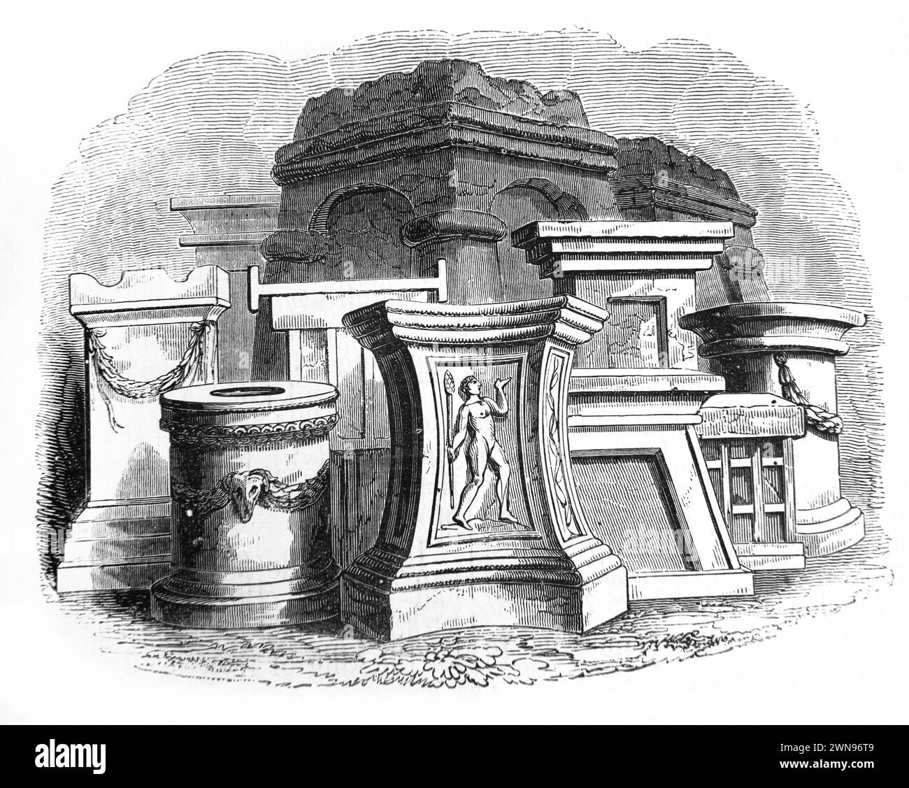 Illustrazione di un gruppo di altari babilonesi, egiziani, persiani, greci e romani del XIX secolo illustrati Bibbia di famiglia Foto Stock