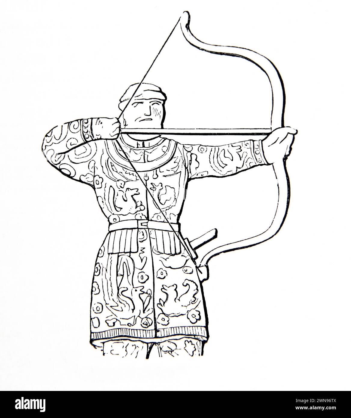 Illustrazione del re sasanide Cosroe II con il suo arco Recurve tratto dalla scena di caccia al cinghiale da Bas-Relief a Taq-e Bostan in Iran incisione di legno Foto Stock