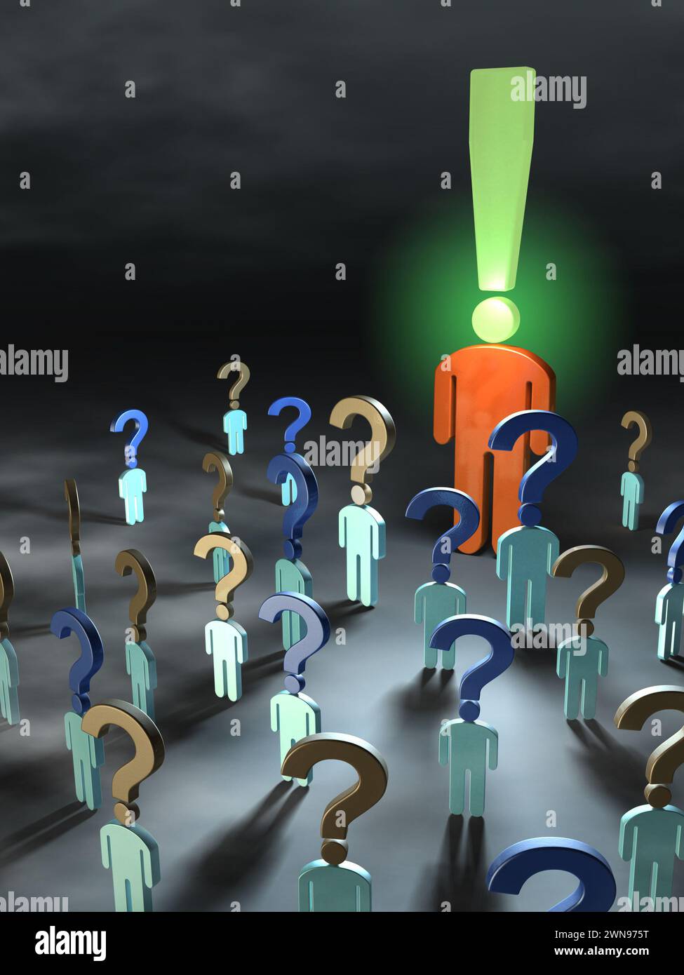 Le persone con domande si incontrano intorno a una persona con delle risposte. Illustrazione digitale. Foto Stock