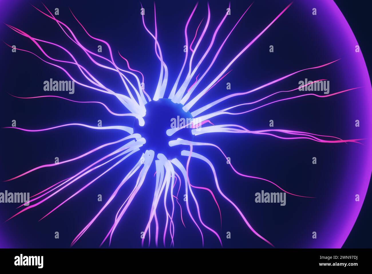 Tentacoli brillanti che si estendono da una sfera centrale imitando l'effetto scintillante di un globo al plasma. Sfondi delle pagine Web e presentazioni Foto Stock