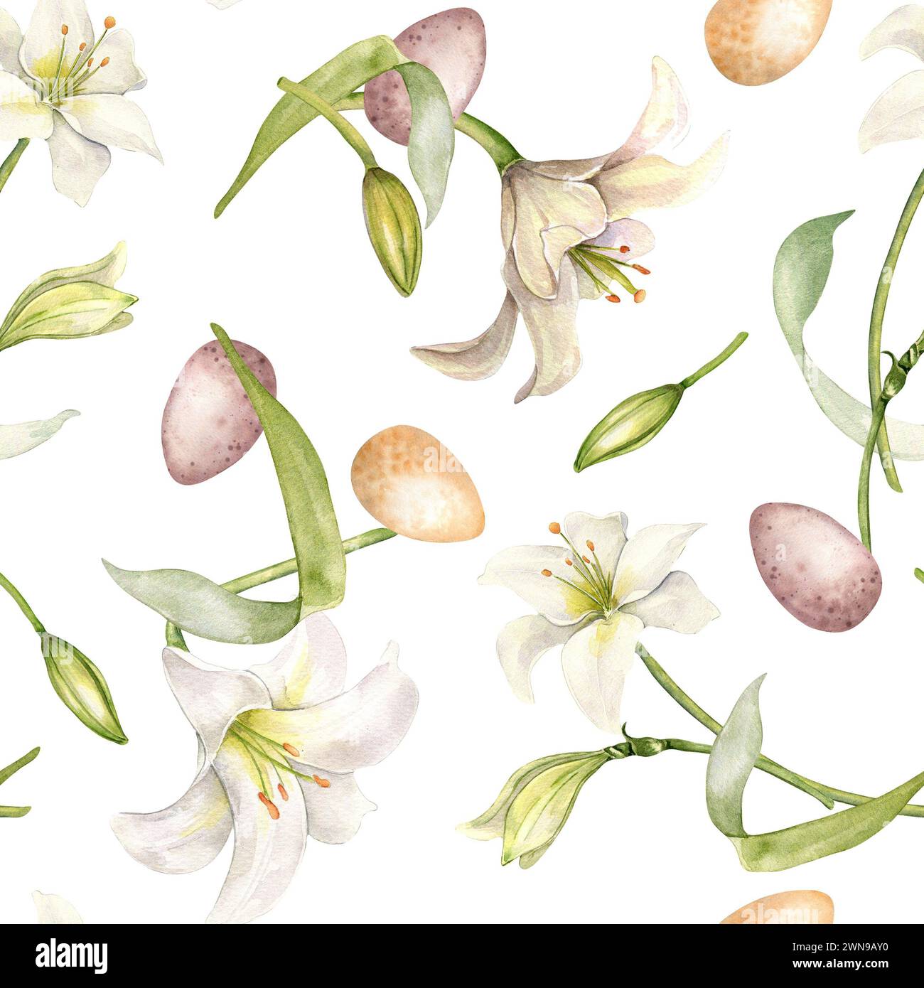 Pasqua senza cuciture con uova e fiori bianchi isolati su bianco. Illustrazione dell'acquerello color pastello dei gigli. Arte botanica di Lilium disegnata a mano. D Foto Stock