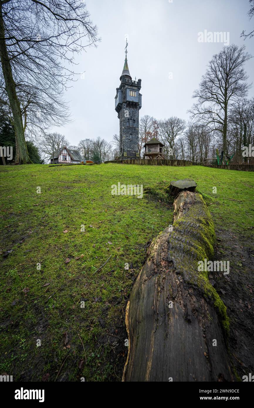 Vista spettacolare di una torre dietro un tronco d'albero caduto, Weyerbuschturm, Kaiserhoehe, Nuetzenberg, Elberfeld, Wuppertal, Bergisches Land, Nord Foto Stock