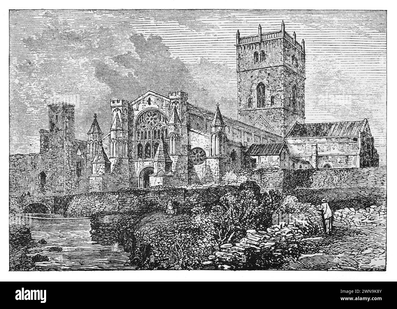 St David's Cathedral, Wales in the 19th Century: Engraving from Lives of the Saints by the Reverend Sabin Baring-Gould, pubblicato nel 1898 Foto Stock