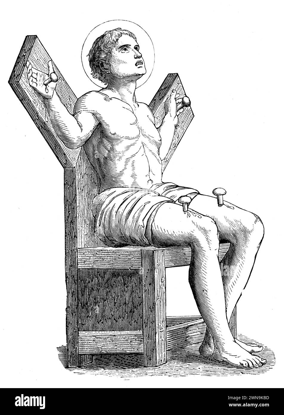 San Quintino inchiodato ad una croce su una sedia: Quentin di Amiens era un santo cristiano del III secolo martirizzato a Beauvais. Incisione da vite dei Santi del reverendo Sabin Baring-Gould, pubblicata nel 1898 Foto Stock