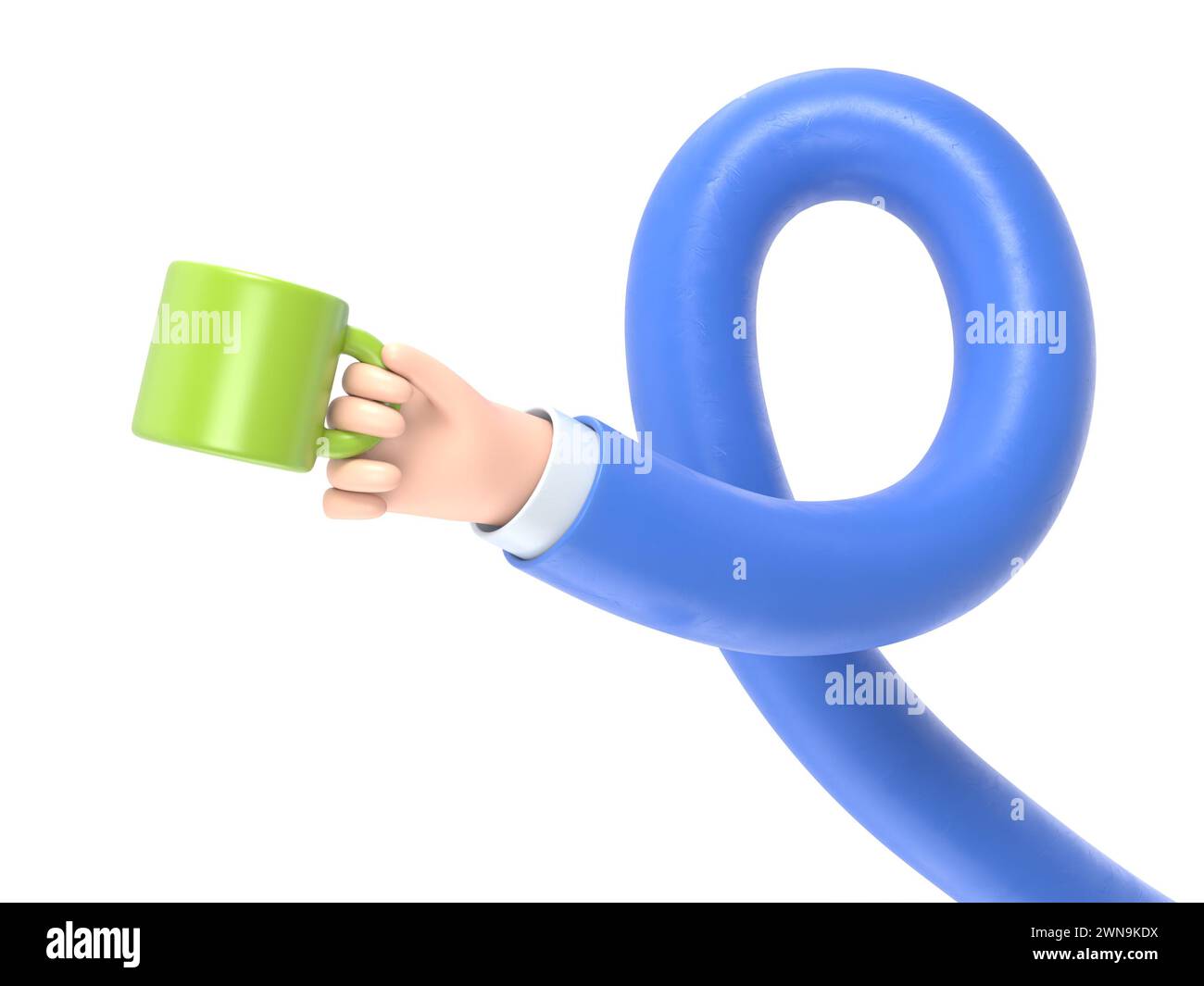 Icona del movimento cartoni animati Mockup.Cartoon mano che regge la tazza di caffè a vapore.rendering 3D su sfondo bianco.concetto di braccia lunghe. Foto Stock