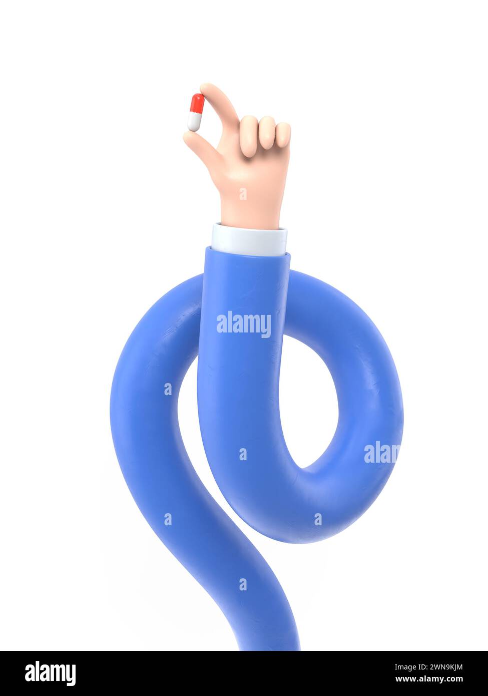 rendering 3d. icona pillola rossa e bianca. Mano di cartone animato medico o farmacista con pelle nera contiene piccole pillole. Illustrazione per il settore medicale. cl. Farmaceutica Foto Stock