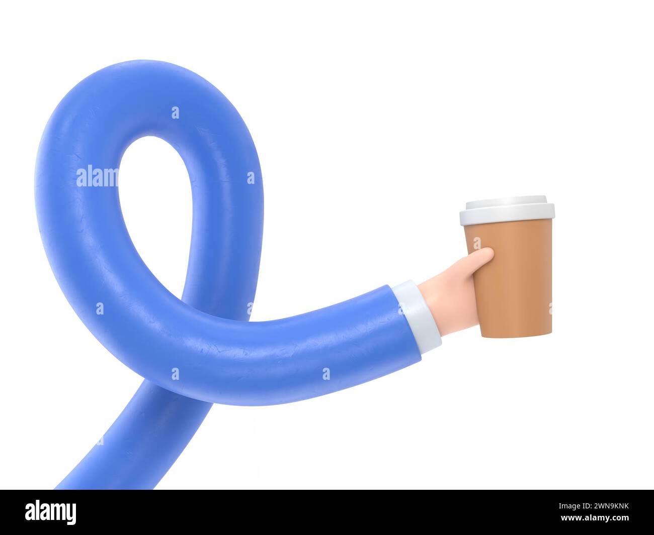 Icona del movimento cartoni animati Mockup.Сup di caffè nella mano, rendering 3D su sfondo bianco.concetto di braccia lunghe. Foto Stock