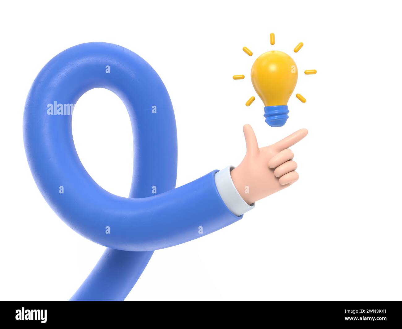 Puntare il dito verso l'alto sulla lampadina come un simbolo grande idea. Avere una nuova idea creativa. Soluzione del problema metafora.disegno piatto illustrazione 3D. Processi di pensiero. Foto Stock