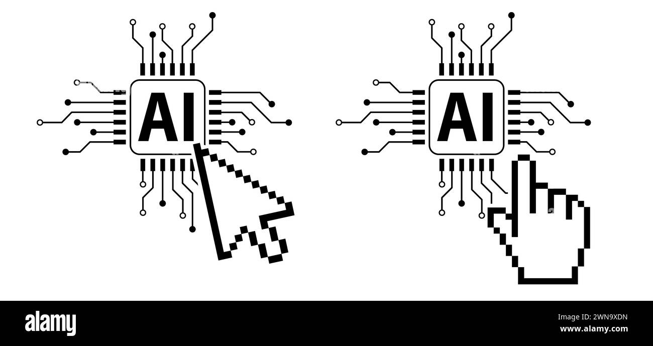 Pittogramma intelligenza artificiale. Tecnologia correlata all'intelligenza artificiale, computer e sistemi intelligenti, grafica del robot. VEC Foto Stock