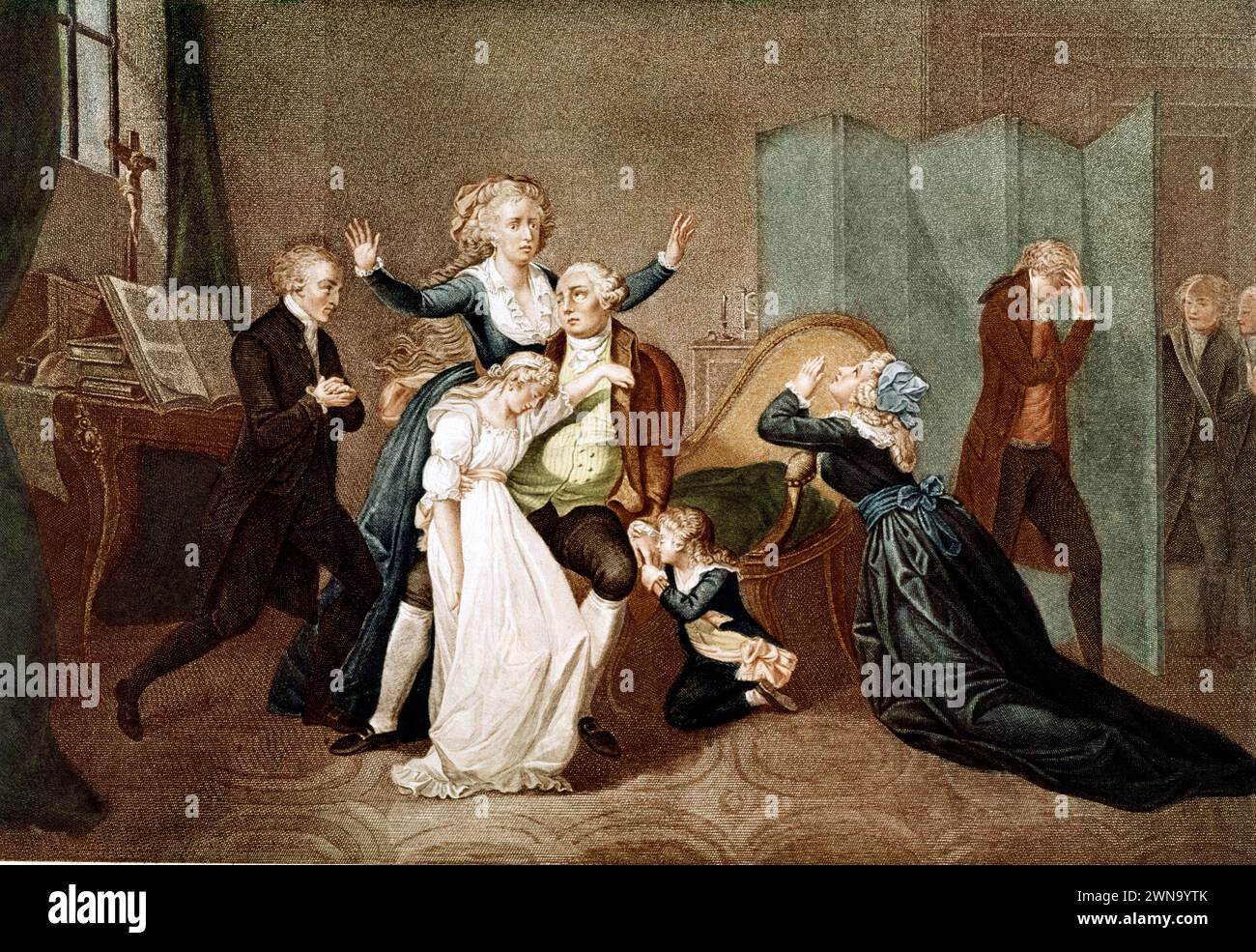 L'ultimo incontro di Luigi XVI con la sua famiglia (Maria Antonietta e i loro figli), alla vigilia della sua esecuzione dopo aver parlato la notte del 20/01/1793 con il suo confessore Edgworth. Incisione sd. agli inizi del xix secolo. Foto Stock