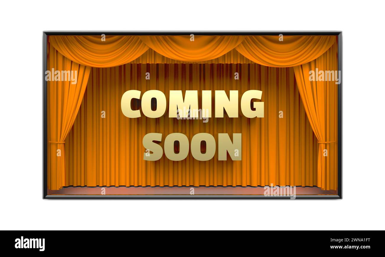 Poster in arrivo con le tende da palcoscenico illustrazione 3D. Foto Stock