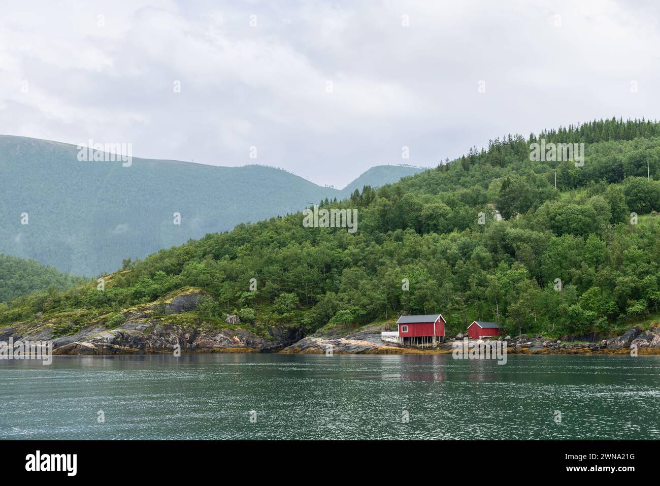 Annidato sulla costa rocciosa del fiordo, un Rorbu solitario offre una pittoresca fuga nella tranquilla bellezza del lussureggiante paesaggio della Norvegia, ricco di nebbia Foto Stock