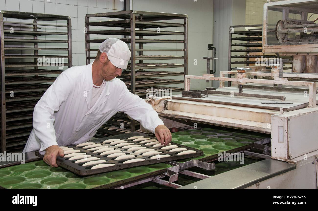 Operatore in un panificio industriale Foto Stock