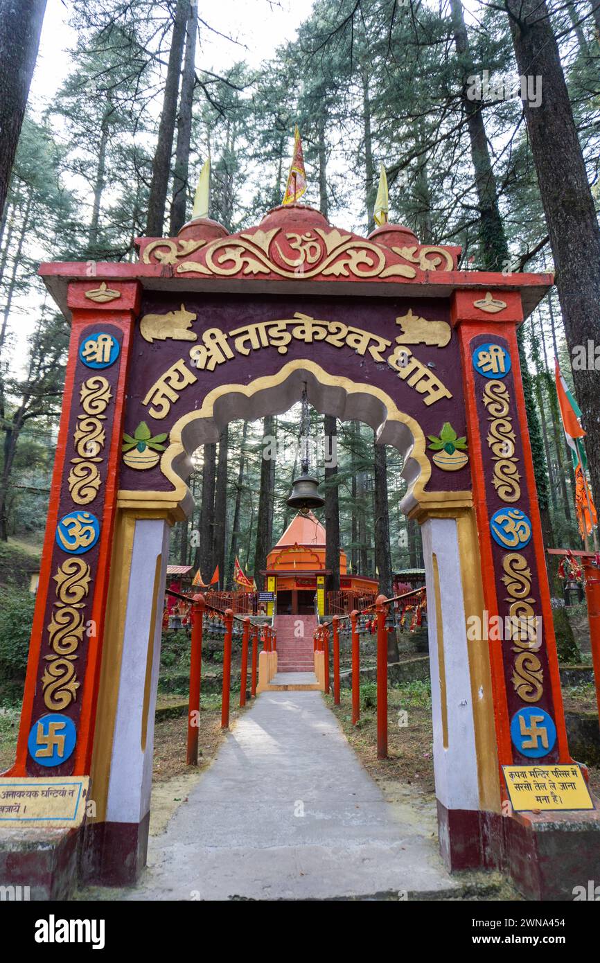 14 feb.th2024, Uttarakhand India. Tempio Tarkeshwar Mahadev: Santuario Shiva Sacro di Lansdowne tra le foreste Deodar, Uttarakhand, India Foto Stock