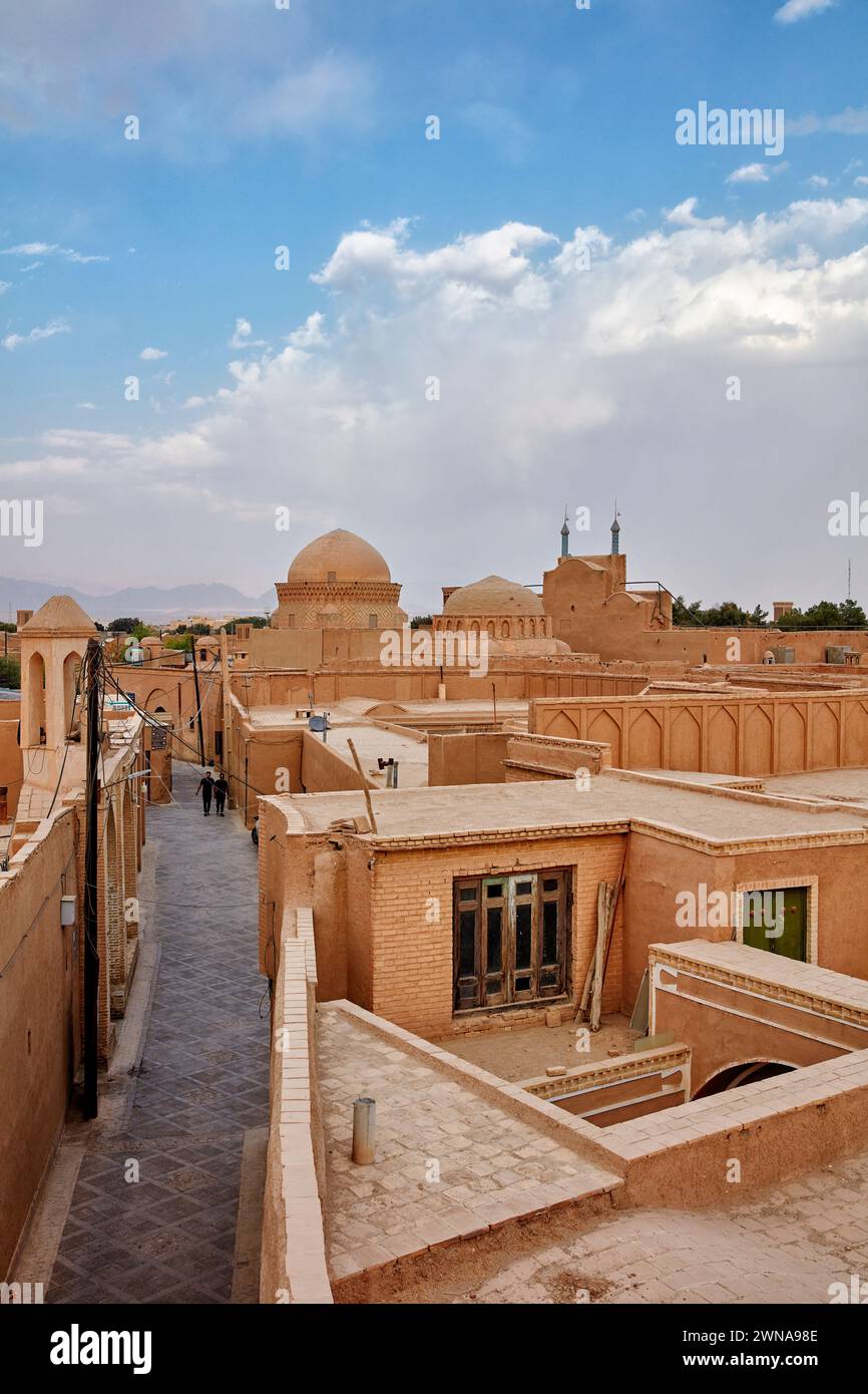 Una vista sul tetto dei tradizionali edifici in adobe nello storico quartiere di Fahadan a Yazd, Iran. Foto Stock