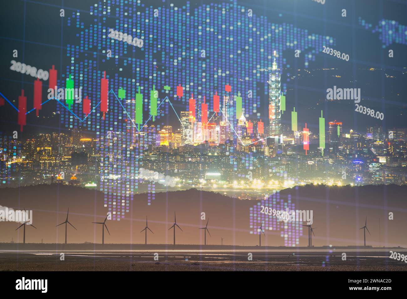 Grafico a candelabro del mercato azionario in rapida evoluzione sulla mappa olografica del mondo. Nuvole e nebbia si spostano sulla città e la luce colorata della glassa splende. Foto Stock