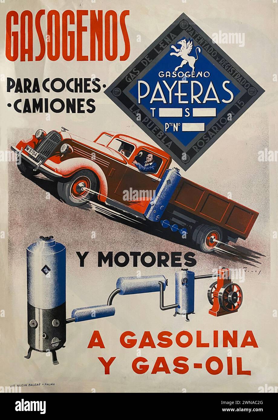 Poster pubblicitario degli anni '1940 per motori a gas in legno a sa Pobla, Maiorca Foto Stock
