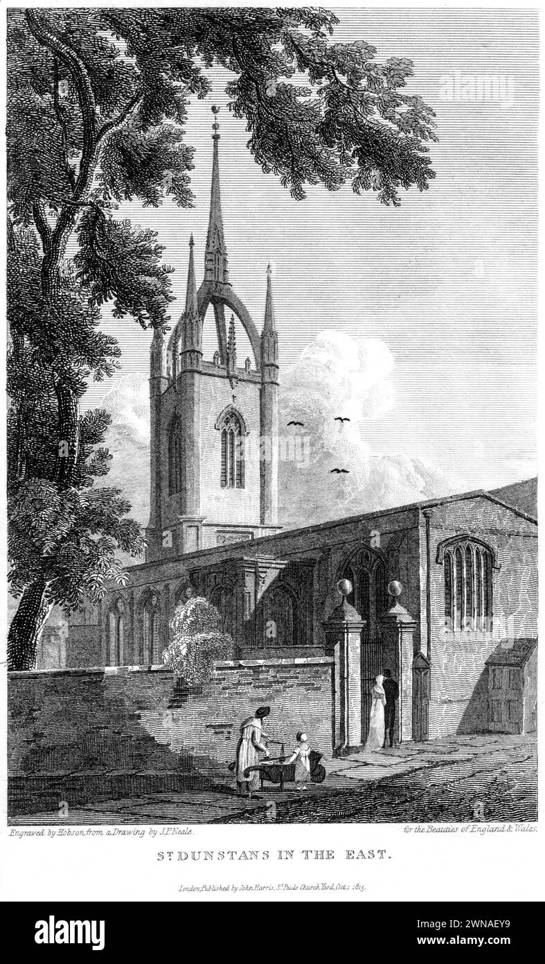 Un'incisione intitolata St Dunstans in the East, London UK scansionata ad alta risoluzione da un libro pubblicato intorno al 1815. Credi che il copyright sia libero. Foto Stock