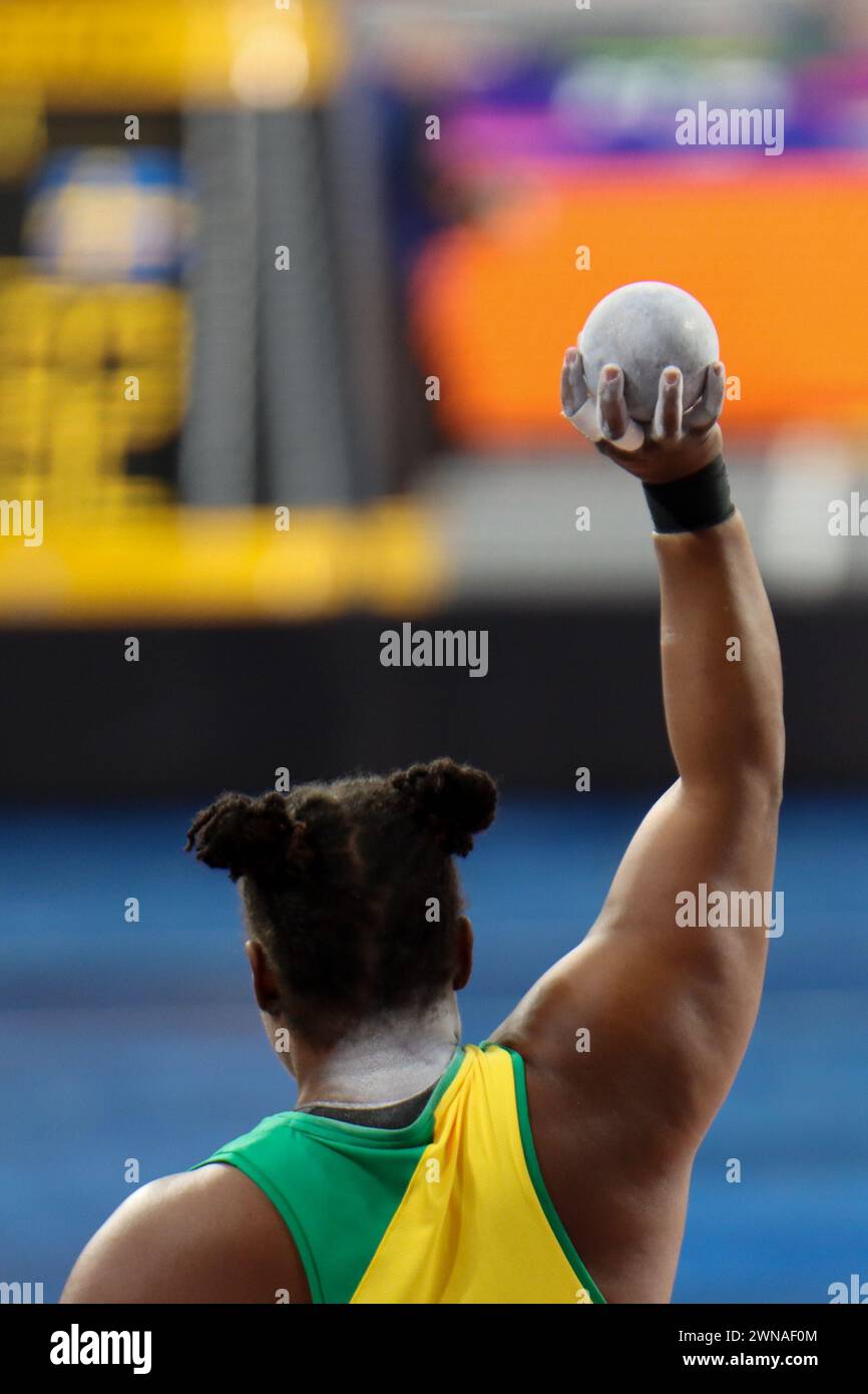 Glasgow, Regno Unito. 1 marzo 2024. Emirates Arena, Glasgow, Scozia - venerdì 1 marzo: Danniel Thomas-Dodd (JAM) gareggia nella finale di Shot Put Women durante i Campionati mondiali di atletica leggera indoor di Glasgow 2024 all'Emirates Arena venerdì 1 marzo 2024 (Claire Jeffrey/SPP) credito: SPP Sport Press Photo. /Alamy Live News Foto Stock