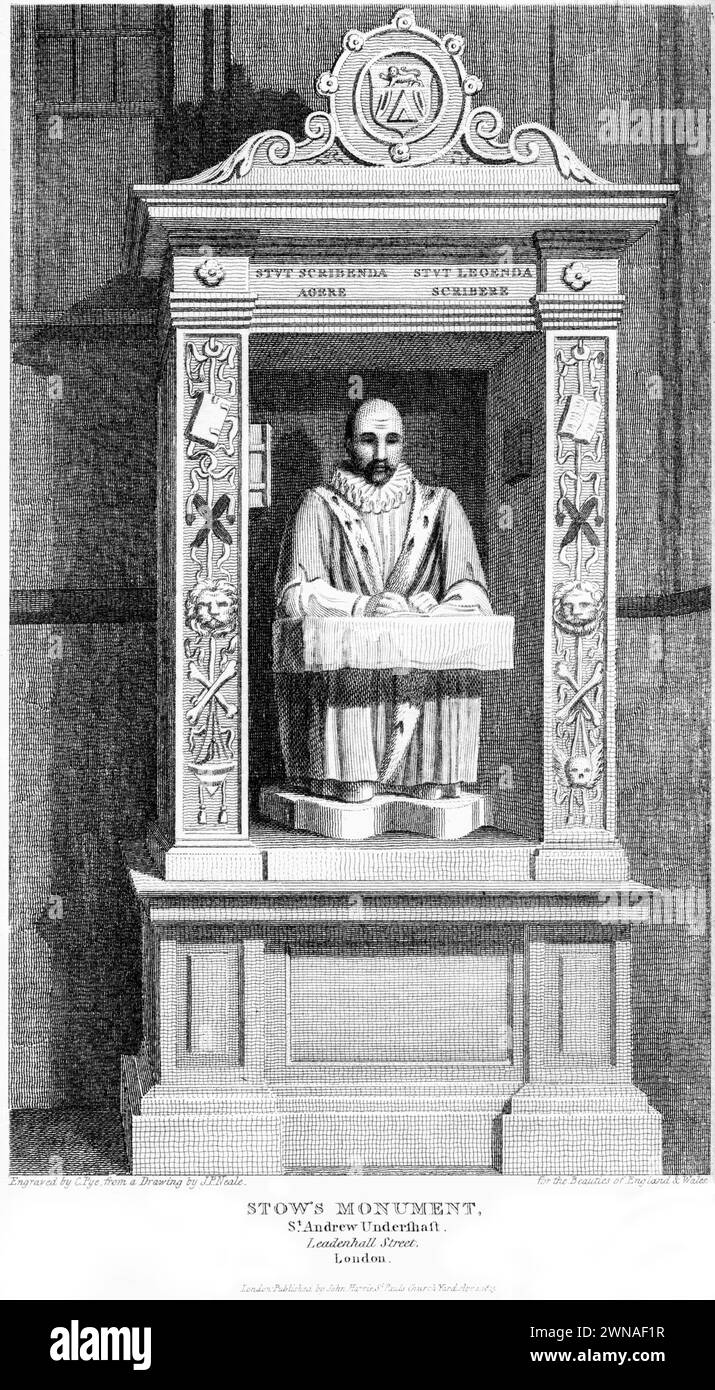 Un'incisione intitolata Stow's Monument, St Andrew Undershaft, Leadenhall Street, London UK scansionata ad alta risoluzione da un libro pubblicato intorno al 1815 Foto Stock