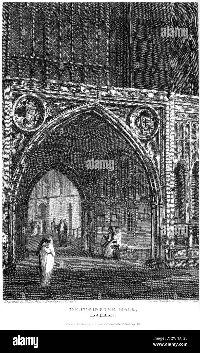 Incisione intitolata Westminster Hall, East Entrance, London UK scansionata ad alta risoluzione da un libro pubblicato intorno al 1815. Creduto libero dal coopyright. Foto Stock