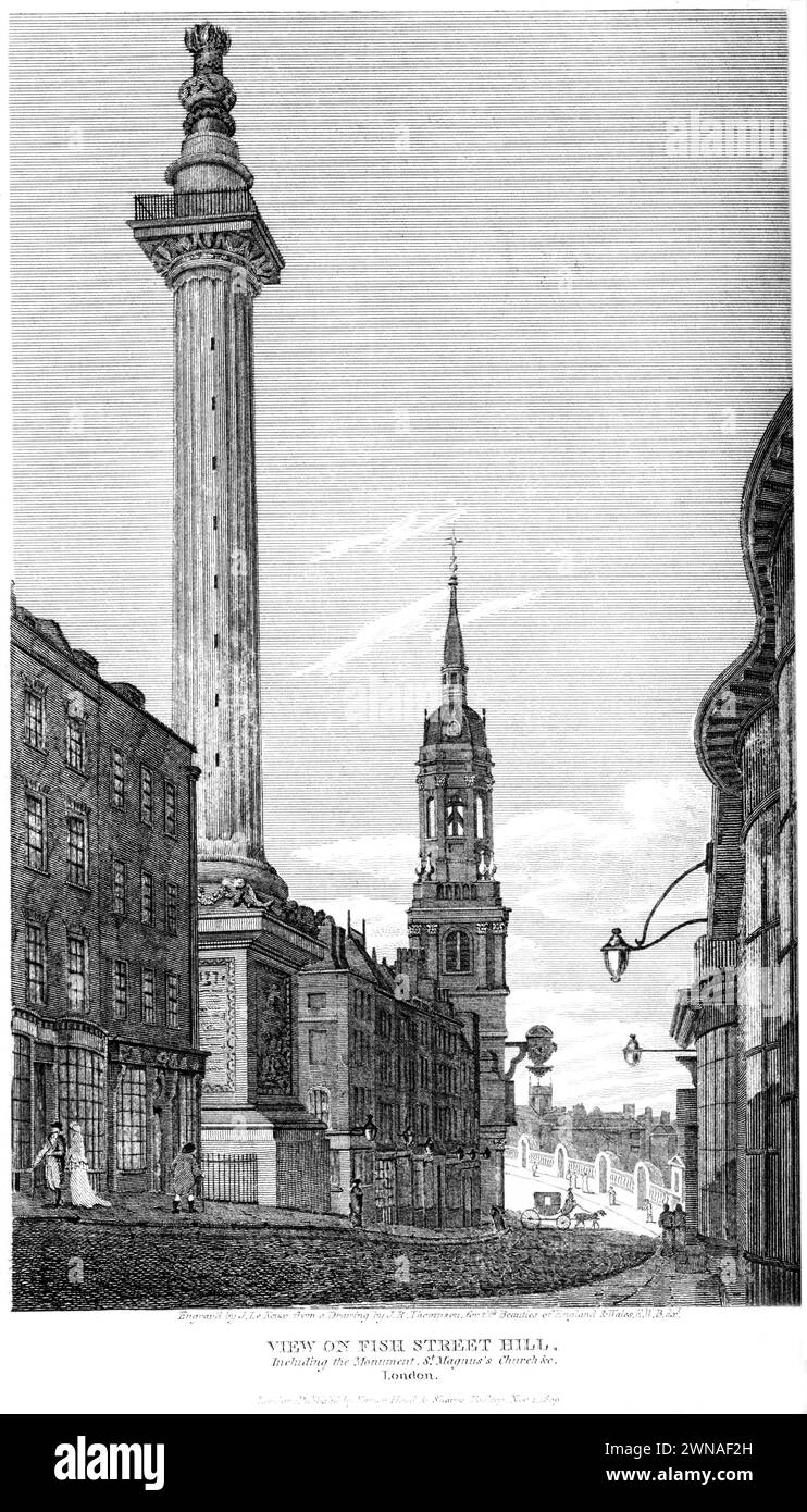 Incisione intitolata View on Fish Street Hill, including the Monument, St Magnus's Church &c., London UK scansionata ad alta risoluzione da un libro del 1815. Foto Stock