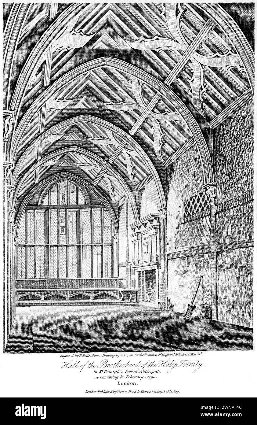 Un'incisione intitolata Hall of the Brotherhood of the Holy Trinity in St Botolph's Parish, Aldersgate, AS Remaining nel febbraio 1790, Londra Regno Unito - 1815. Foto Stock
