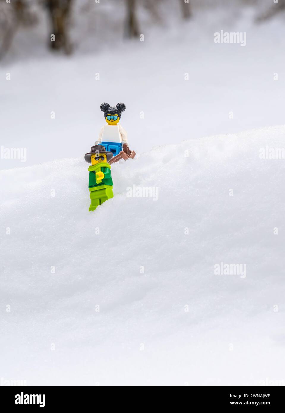 Chappaqua, NY - 13 febbraio 2024 - Lego minifigure padre e figlia con slitta a pigtail che cavalcano all'aperto su una collina. Festa della neve in famiglia Foto Stock
