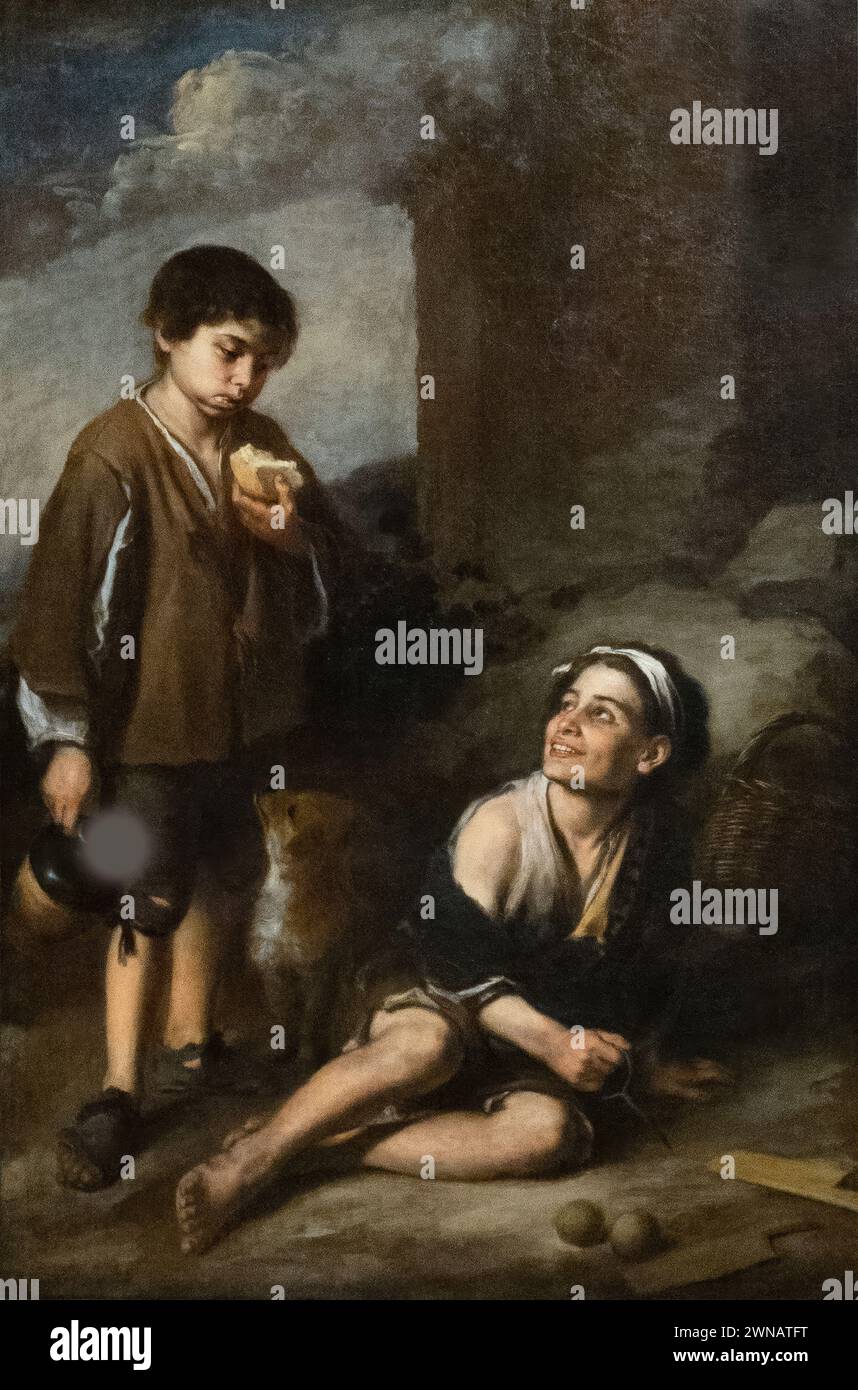 Bartolome Esteban Murillo, o pittura Murillo; "invito a una partita di Argolla", 1665-70; artista barocco spagnolo di vita di strada e bambini, anni '1600 Foto Stock