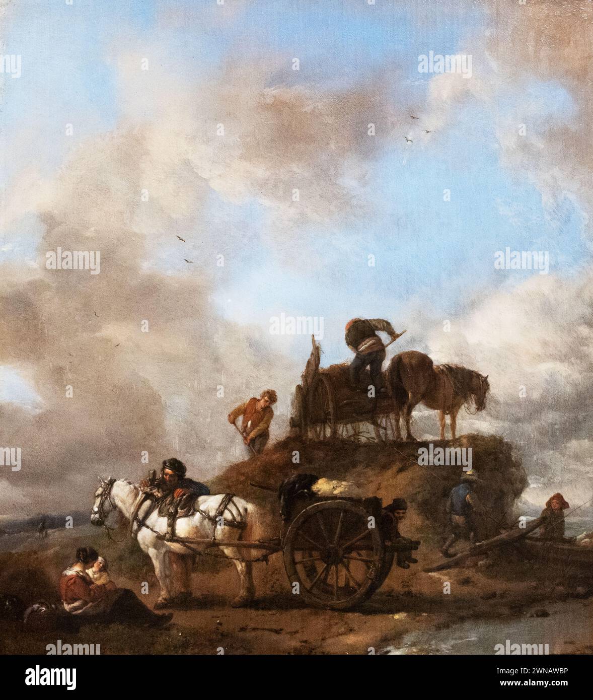 Pittura Philips Wouwerman; "contadini nel campo; raccolta di fieno", 1655; pittore olandese del XVII secolo del secolo d'oro, vita quotidiana degli anni '1600. Foto Stock