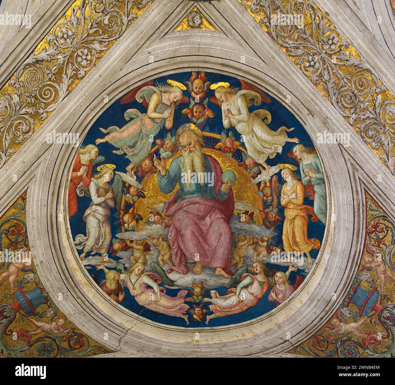 Dio padre e angeli, Pietro Perugino, stanza dell'Incendio di Borgo, medaglione, parte del soffitto, città del Vaticano Foto Stock