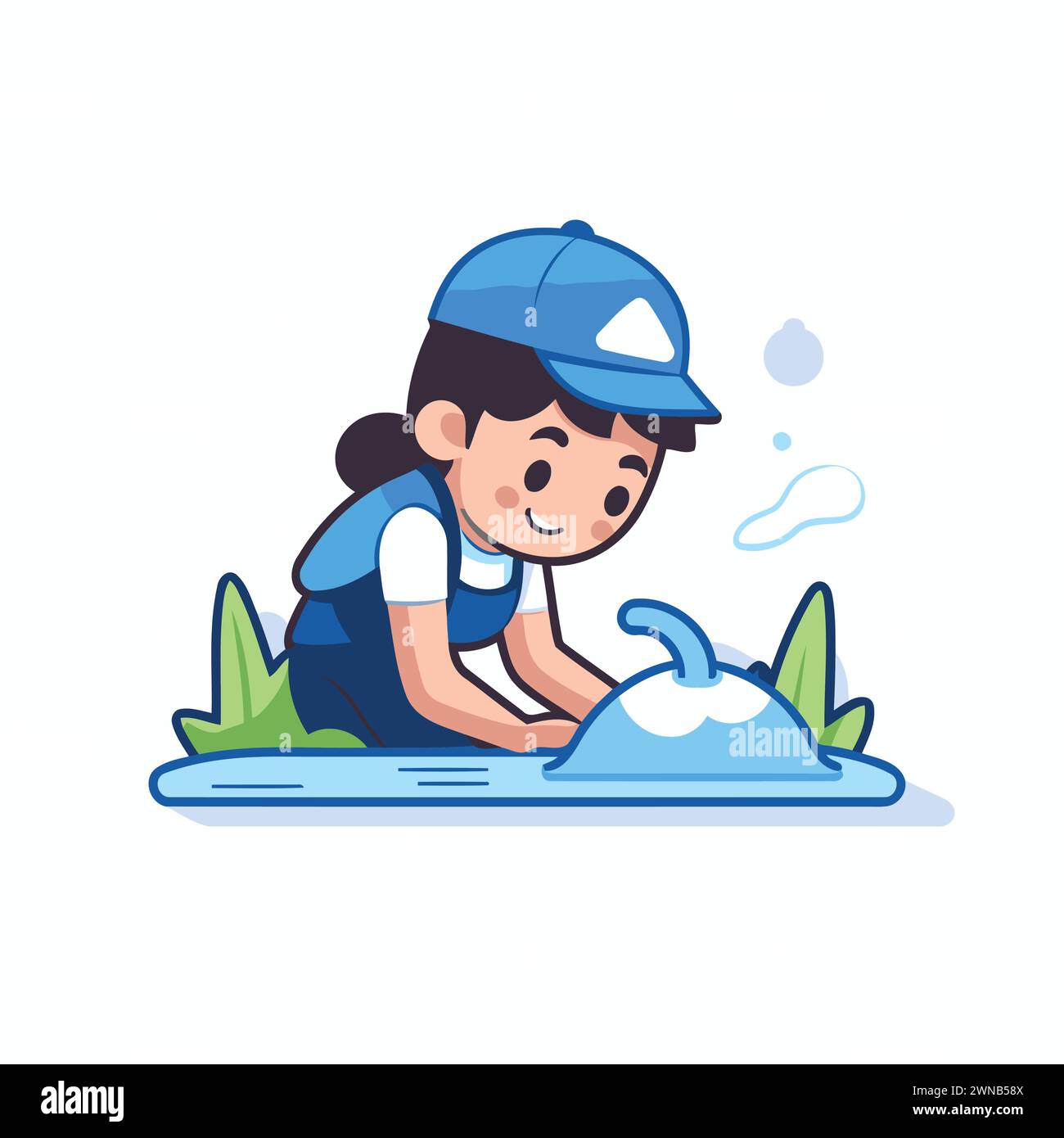 Una bambina carina che indossa uniforme e casco che gioca con l'illustrazione vettoriale del parco acquatico Illustrazione Vettoriale
