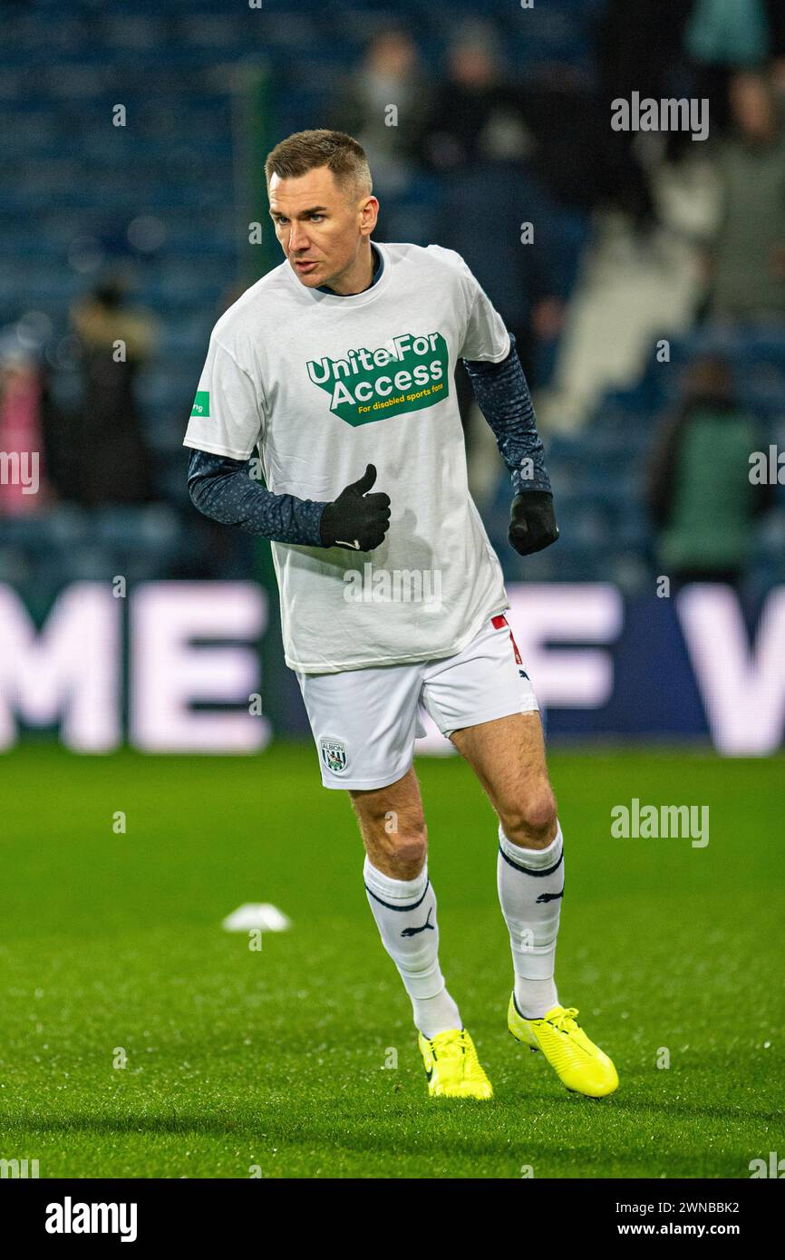 1 marzo 2024: The Hawthorns, West Bromwich, West Midlands, Inghilterra; EFL Championship Football, West Bromwich Albion contro Coventry City; Jed Wallace della WBA durante il riscaldamento pre-partita Credit: Action Plus Sports Images/Alamy Live News Foto Stock