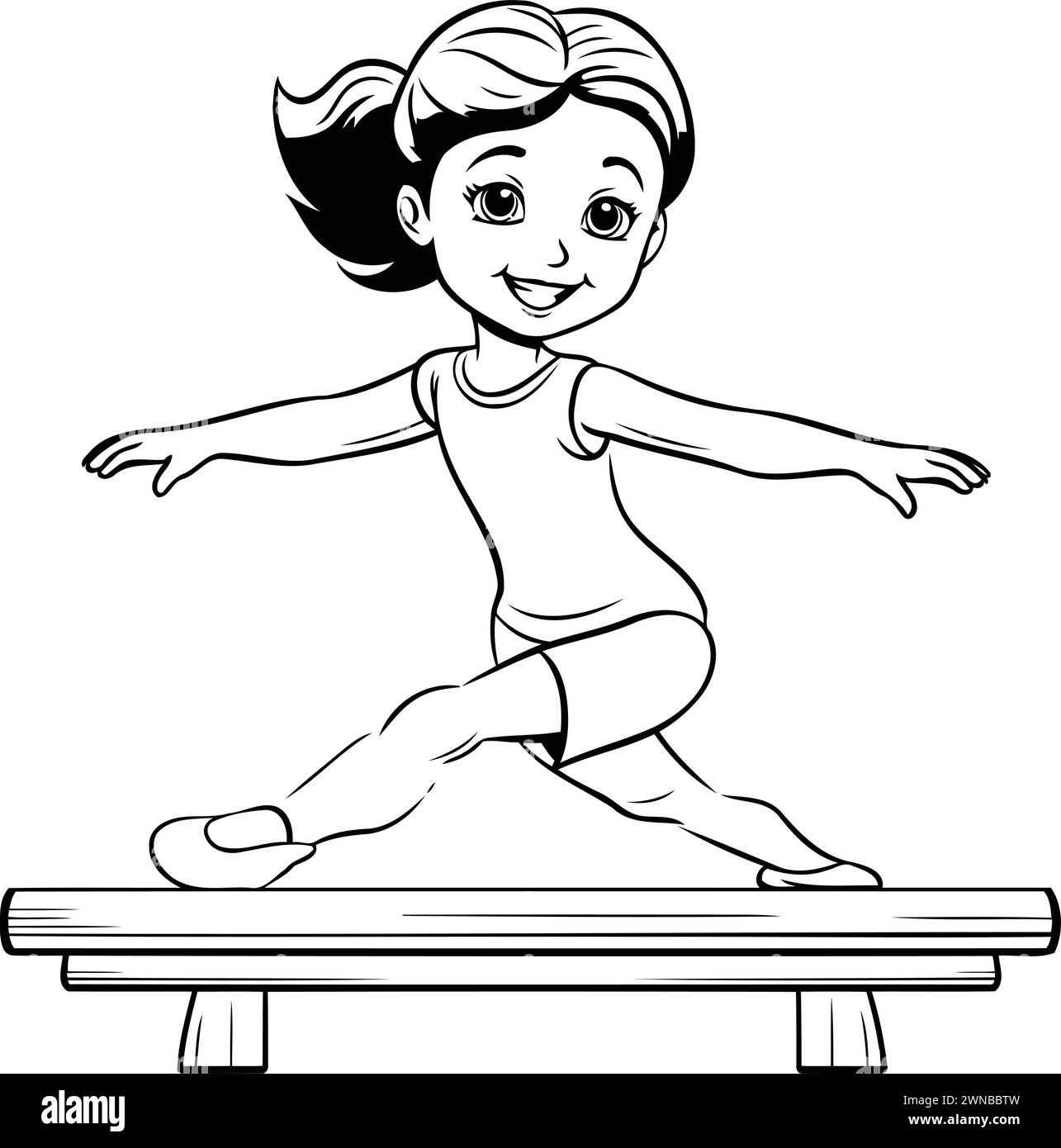 Ragazza che salta su una piattaforma di legno. Illustrazione vettoriale in bianco e nero. Illustrazione Vettoriale