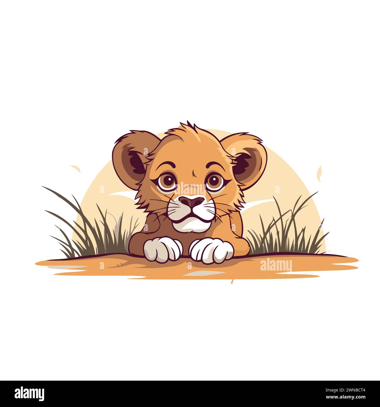 Carino cucciolo di leone cartoni animati steso nell'erba. Illustrazione vettoriale. Illustrazione Vettoriale