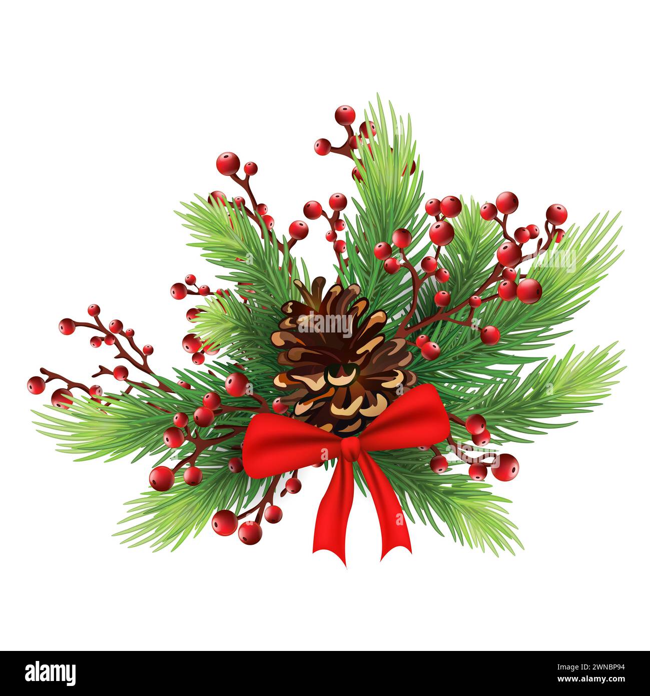 Decorazioni natalizie con abete, coni di pino, mietitura, agrifoglio, bacche ed elementi decorativi. Elemento di design per Natale decoration.Compositio Foto Stock