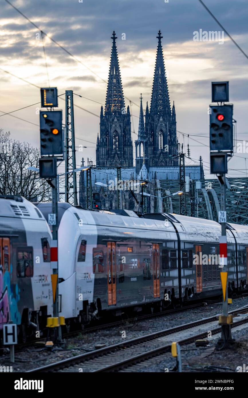 RRX Zug auf der Strecke vor dem Kölner Hauptbahnhof, Hohenzollernbrücke, Kölner Dom, NRW, Deutschland, *** treno RRX sulla linea di fronte alla stazione centrale di Colonia, al ponte Hohenzollern, alla cattedrale di Colonia, NRW, Germania, Foto Stock