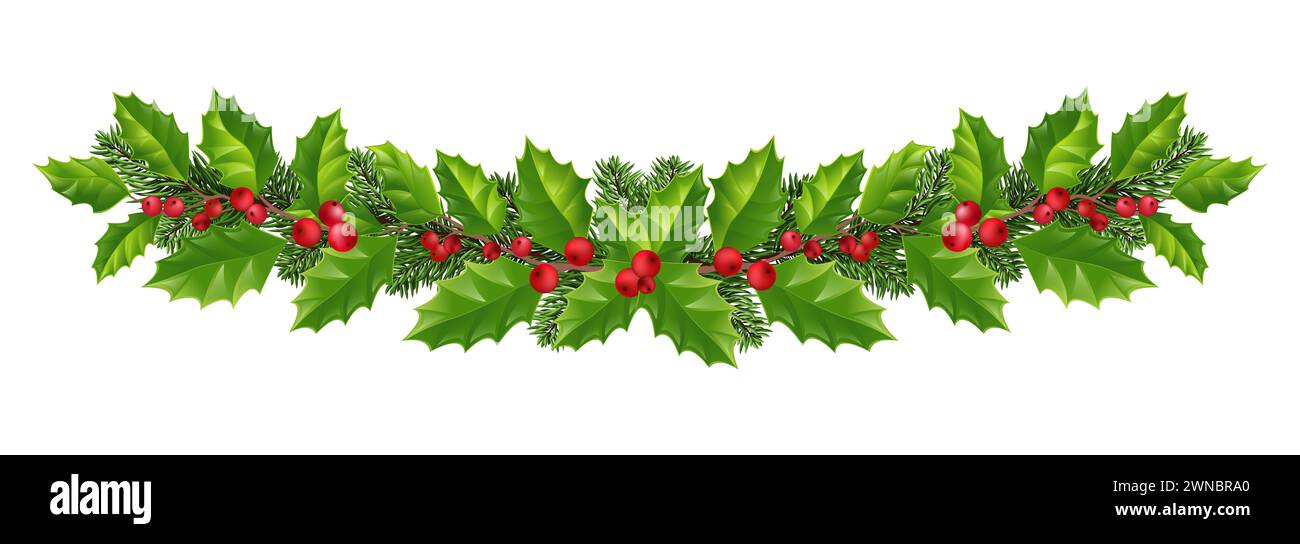 ghirlanda di pino natalizio con rami di pino/abete rosso, agrifoglio e bacche rosse. elementi decorativi isolati su sfondo bianco. Foto Stock