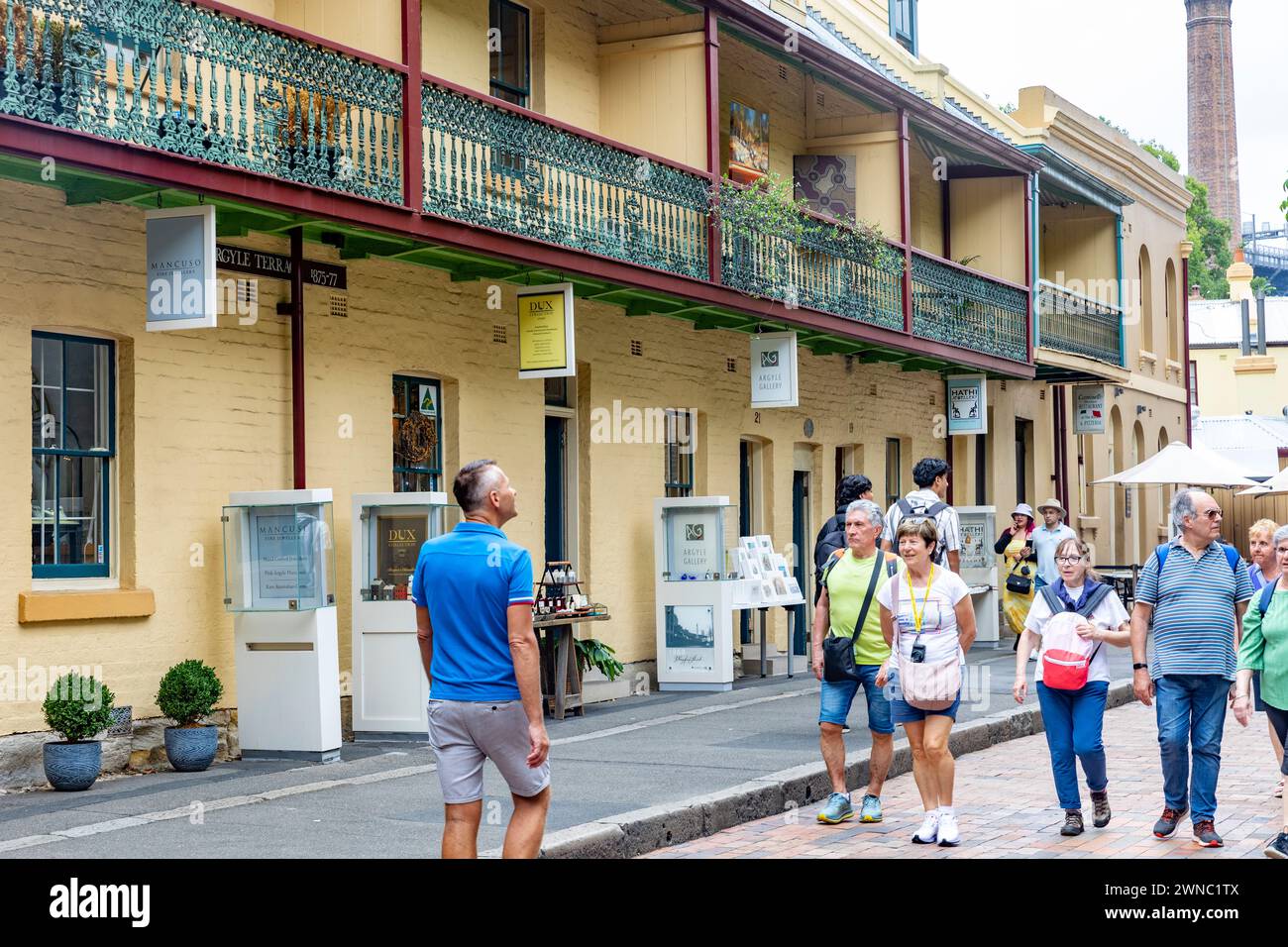 L'area di Rocks Sydney, insediamento coloniale e architettura, edifici patrimonio storico in Playfair Street ora ospita piccoli negozi e negozi d'arte, NSW Foto Stock