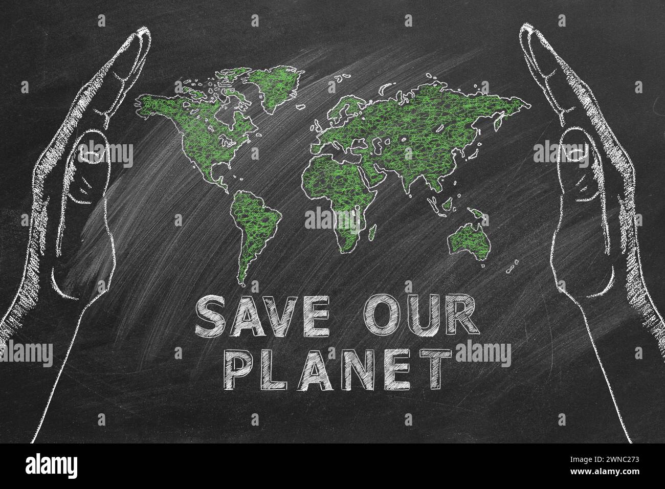 Due palme maschili con una mappa del mondo e l'iscrizione SALVA IL NOSTRO PIANETA sono disegnate in gesso su una lavagna. Salvare il mondo. Conce giorno della terra o ora della terra Foto Stock