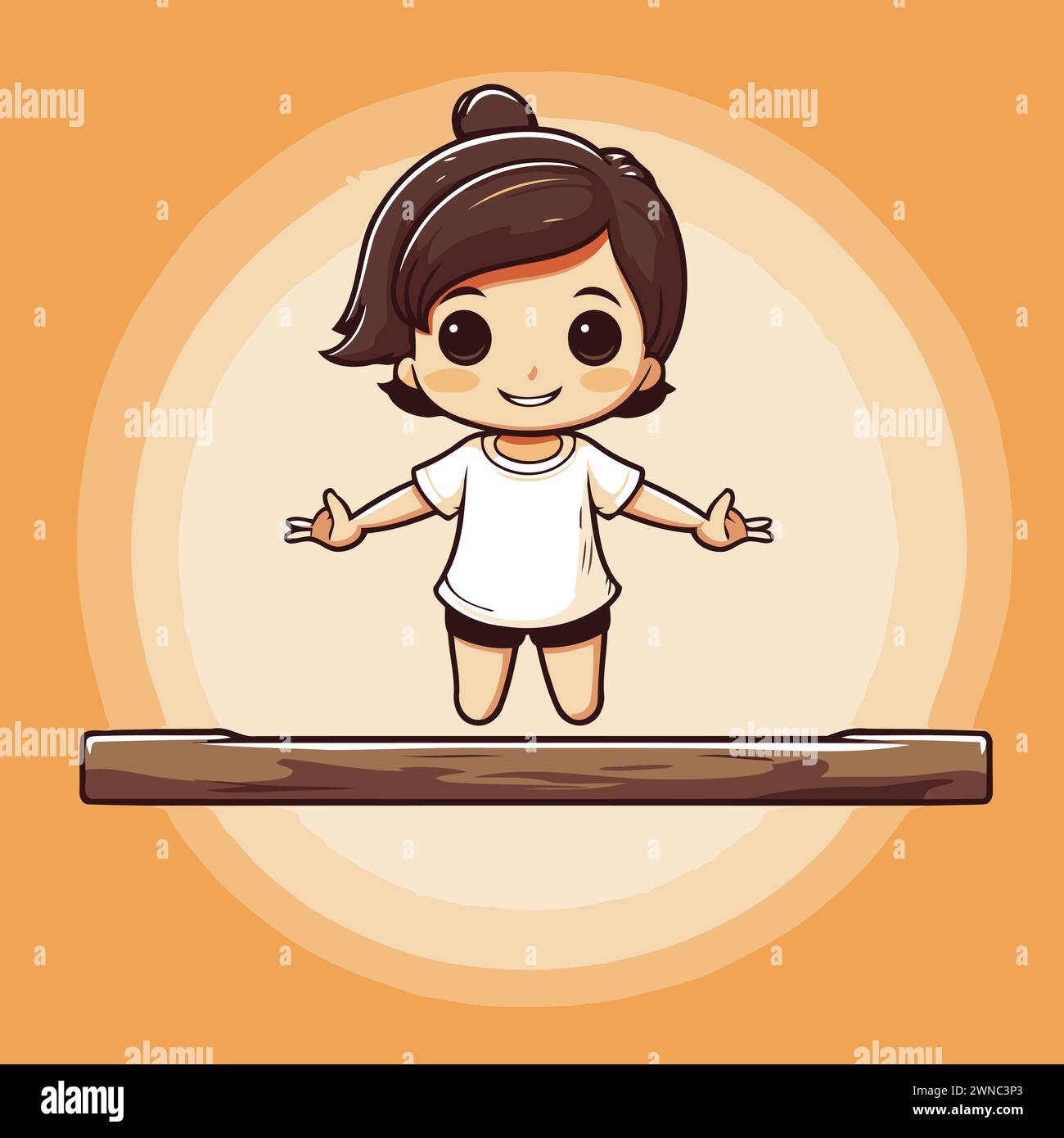 Bambina che salta su una piattaforma di legno. Illustrazione vettoriale cartoni animati isolata su sfondo arancione. Illustrazione Vettoriale