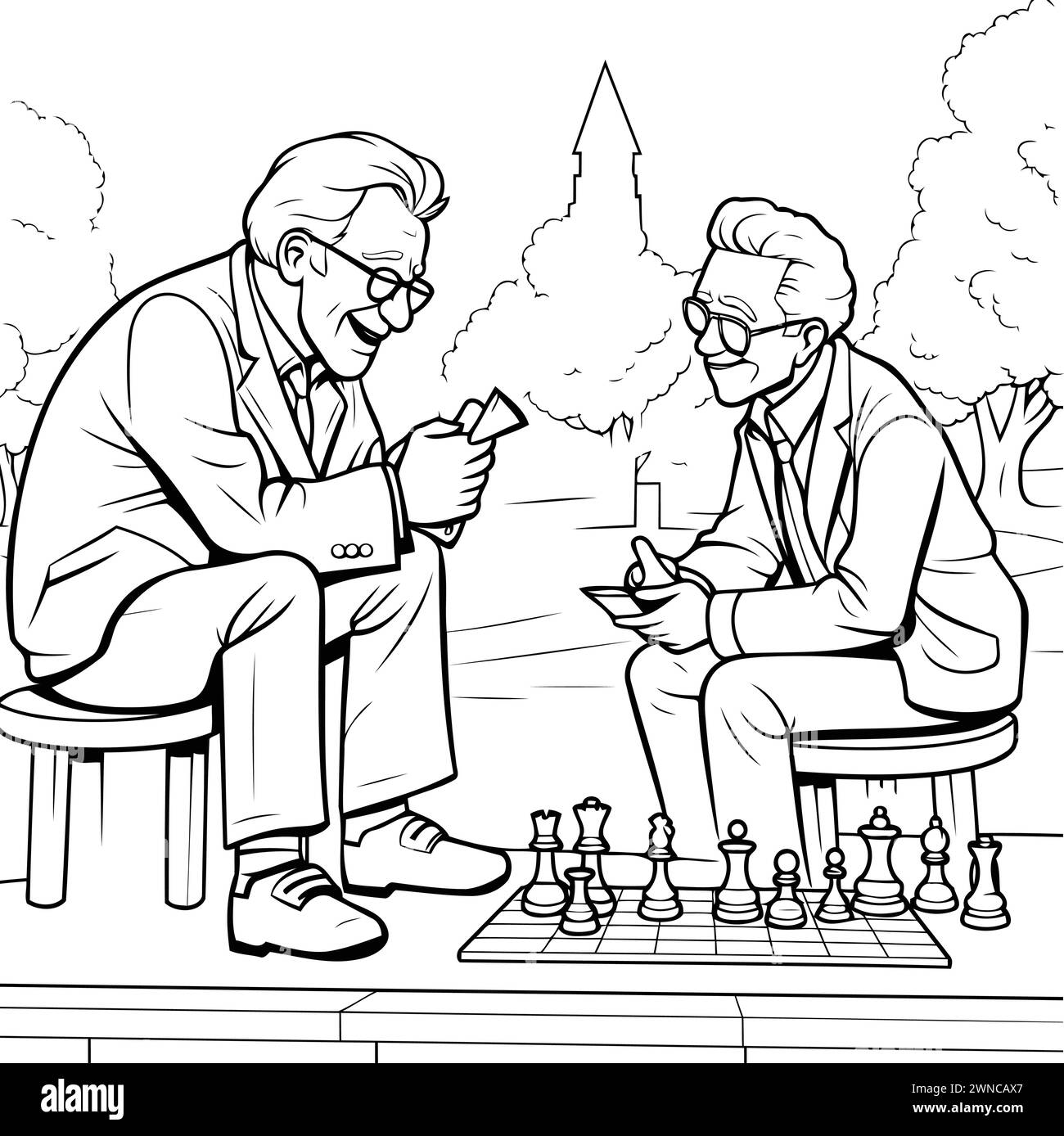 Fumetto bianco e nero illustrazione della coppia senior che gioca a scacchi nel parco Illustrazione Vettoriale