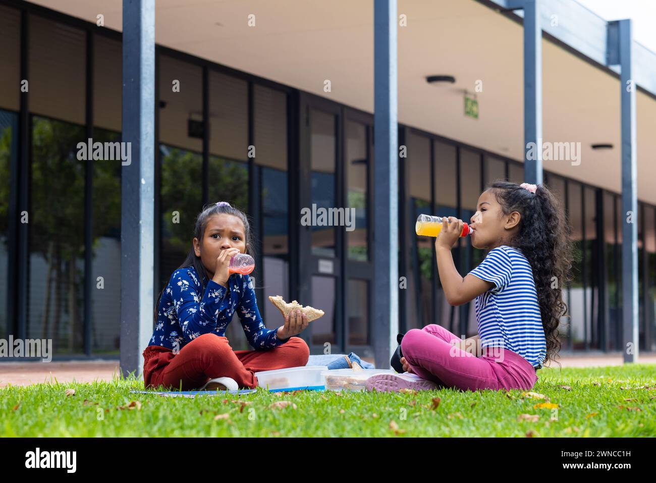 Due ragazze birazziali si godono il pranzo a scuola, sedute sull'erba con panini e succo di frutta Foto Stock