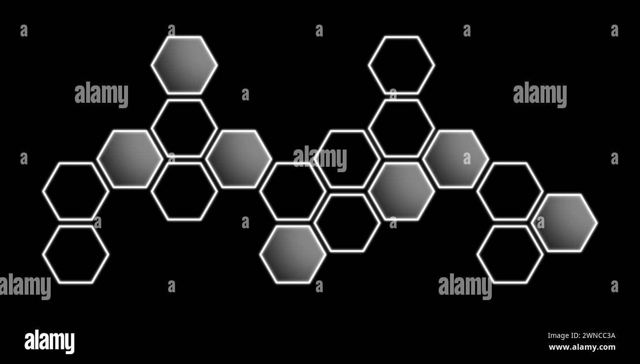 Schema degli esagoni su sfondo nero, illustrazione. Design banner Foto Stock