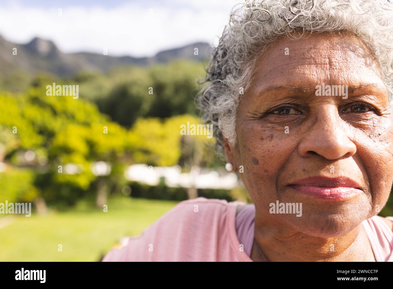 Donna birazziale anziana con capelli grigi sorride dolcemente all'aperto con spazio fotocopie Foto Stock
