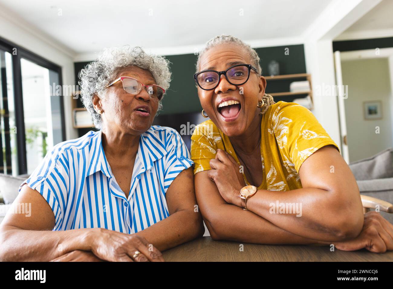 Due donne anziane condividono risate e legami in una videochiamata. Foto Stock