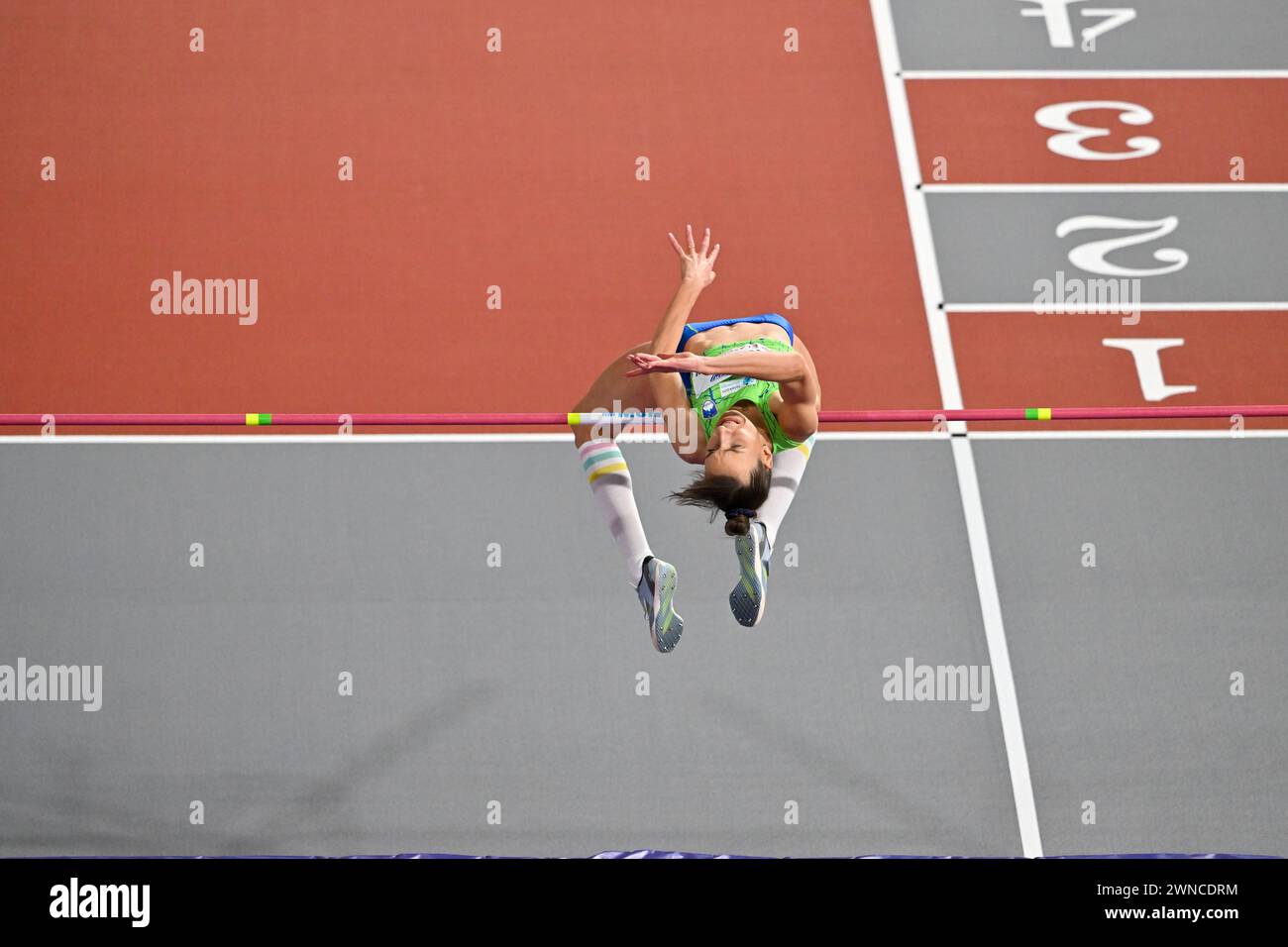 Glasgow, Scozia, Regno Unito. 1 marzo 2024. Lia APOSTOLOVSKI (SLO) chiude 3° nella finale di salto alto femminile durante i Campionati mondiali di atletica indoor all'Emirates Arena di Glasgow, Scozia, Regno Unito. Crediti: LFP/Alamy Live News Foto Stock