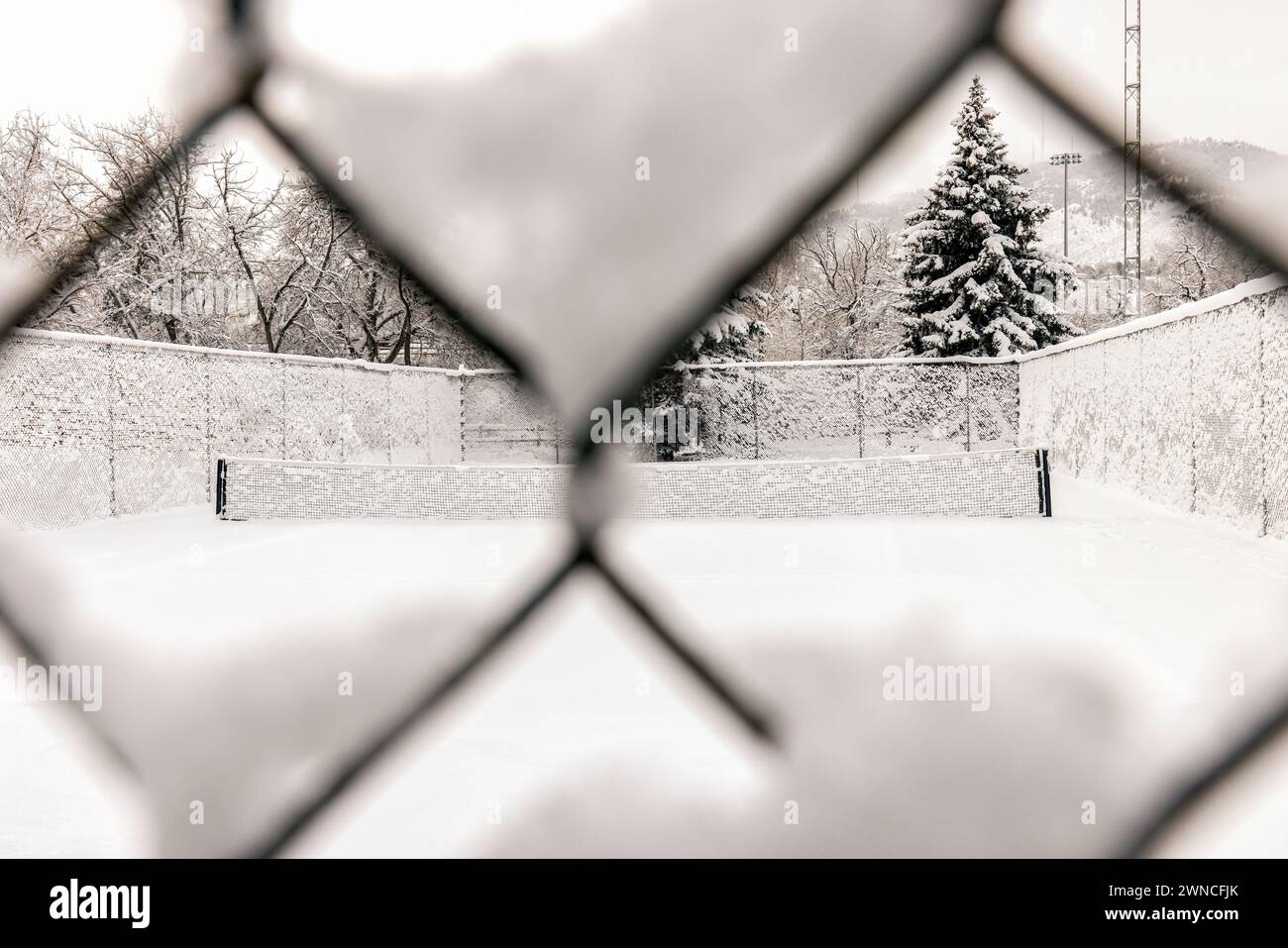 Vista dei campi da tennis innevati attraverso la recinzione. - Golden, Colorado, USA Foto Stock