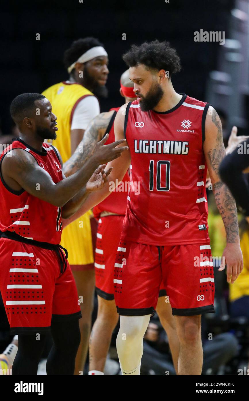 Londra, Canada. 1 marzo 2024. 1 marzo 2024, London Ontario Candada. I London Lightning sconfissero i Newfoundland Rogues 118-94 nella notte di Fanshawe.Jermaine Haley Jr(10) dei London Lightning. Crediti: Luke Durda/Alamy Live News Foto Stock